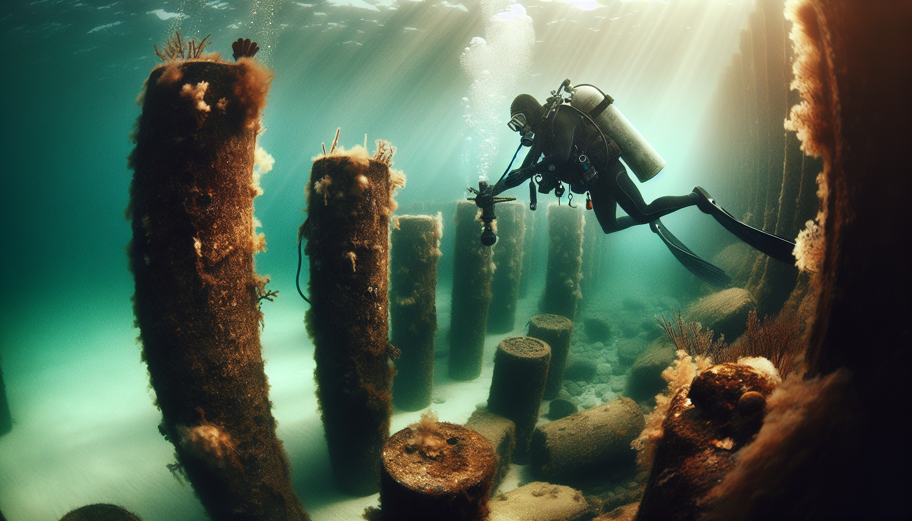 Diver conducting underwater survey and NDT inspection on marine structure