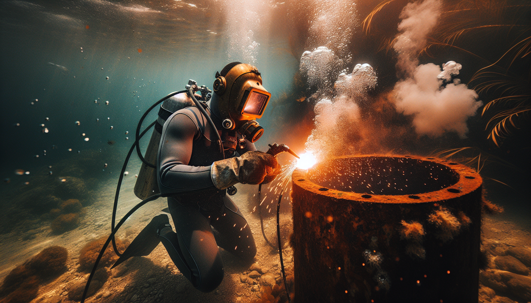 Diver performing underwater welding on steel structure